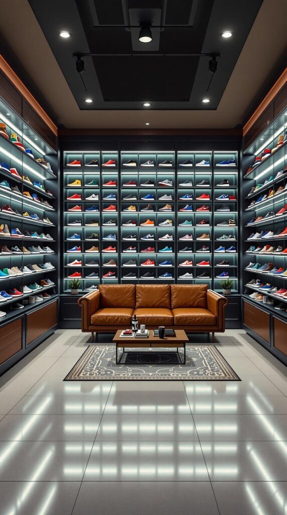 Modern sneaker store interior with wall-to-wall shelves displaying colorful sneakers, ambient lighting, and a leather sofa seating area at the center.
